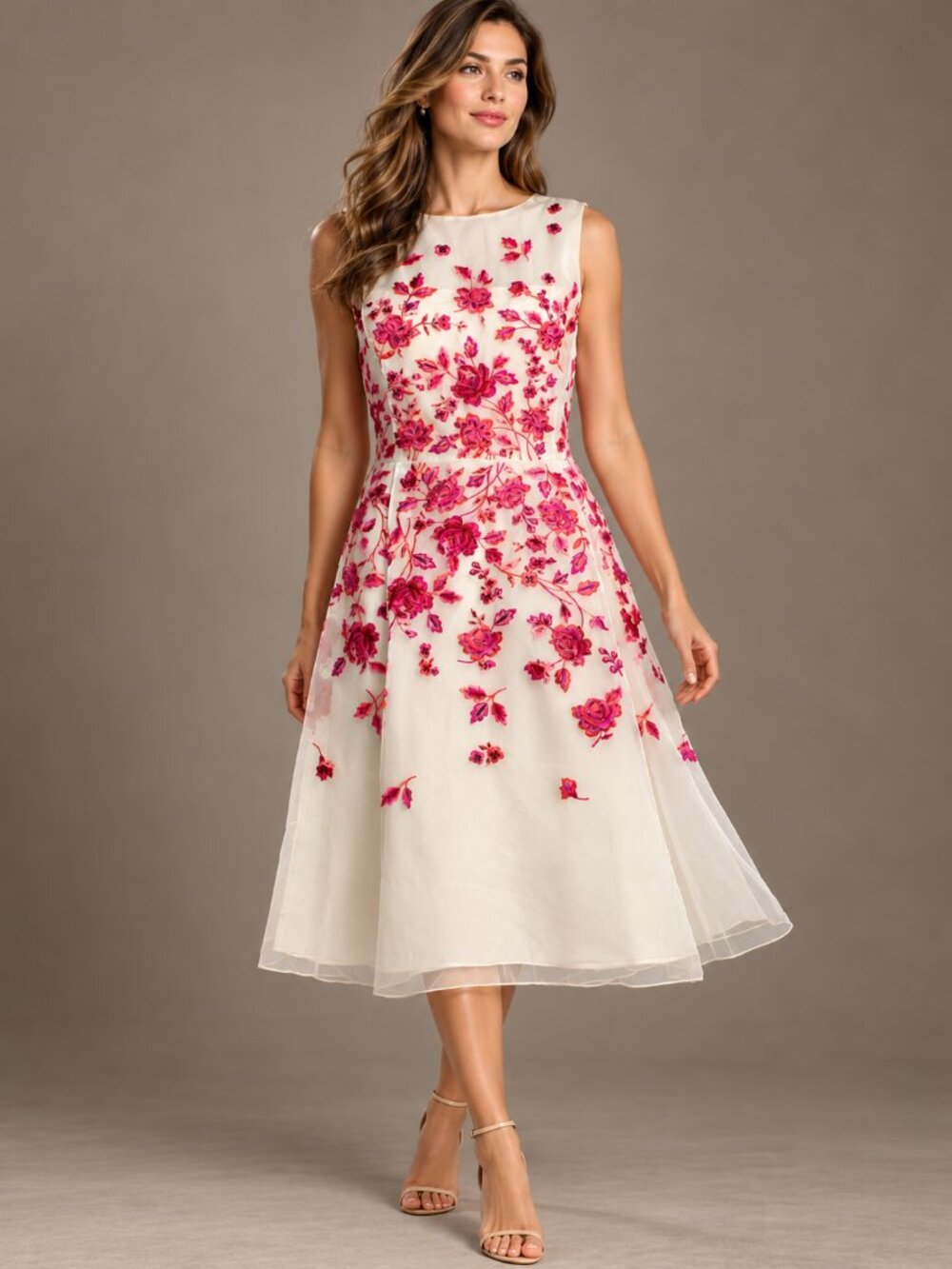 NWT - Oscar de la Renta Ivory Pink Floral Embroidered Silk Midi Dress 12
